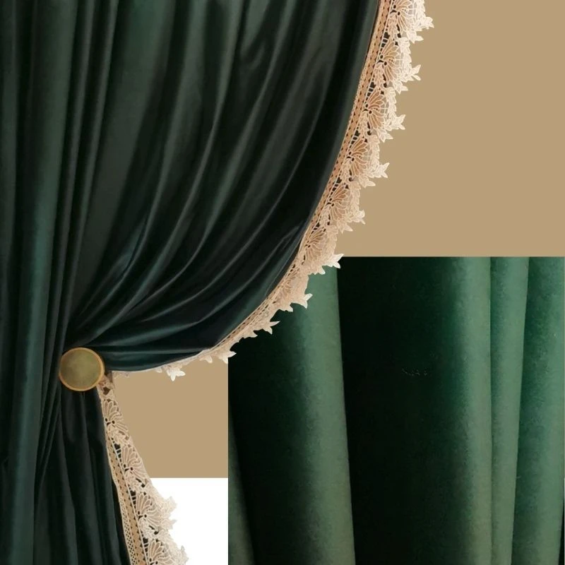 

Natural Dark Green Lace Shading Curtains for Living Room American French Retro Cortina Non Inverted Velvet Glossy Window Curtain