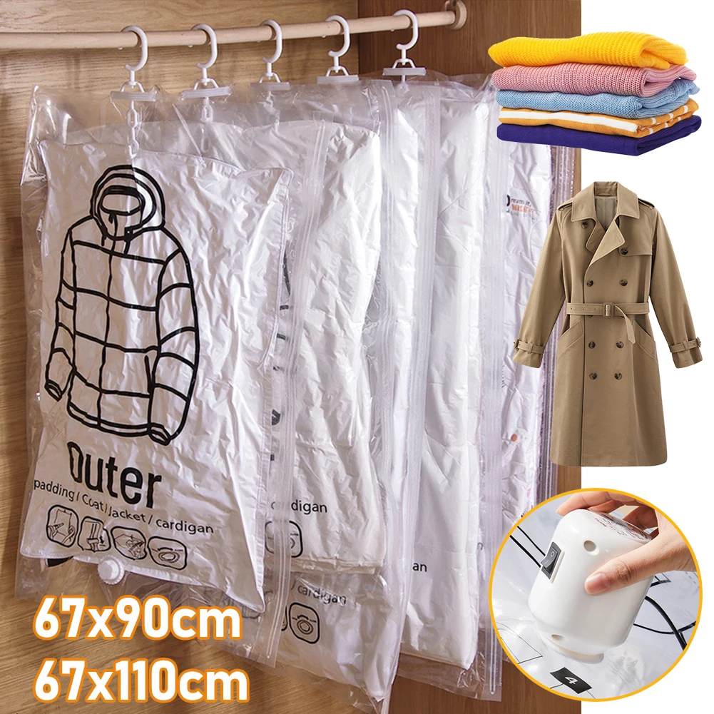 1-5pcs Hanging Vacuum Storage Bags Space Saver Vacuum Seal with Hanger Space Saving Clear Seal Wardrobe Compressed Bag