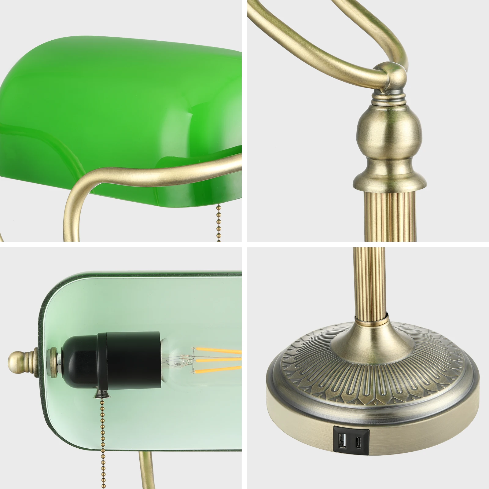 Imagem -04 - Green Glass Bankers Desk Lamp com Pull Chain Switch Plug in Fixtureusb Fast Charging Port Quarto Cabeceira