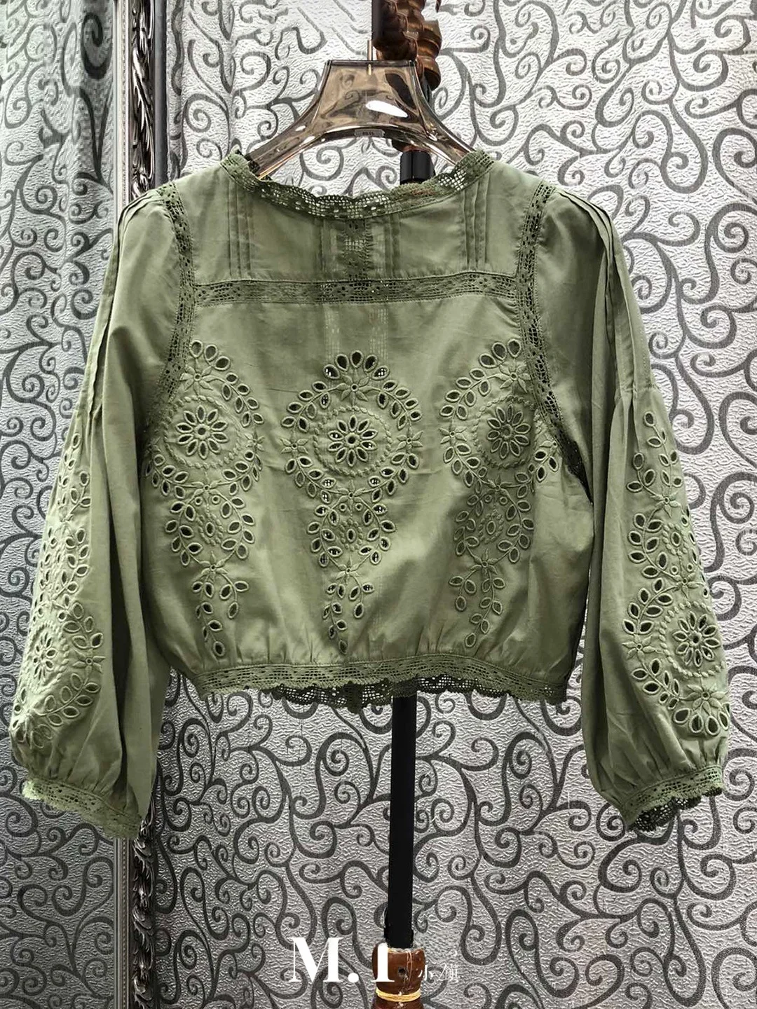 

Milan Small Town Short Embroidered Hollow out Single Button Back Design Shirt Straight Cut Original Design for Women
