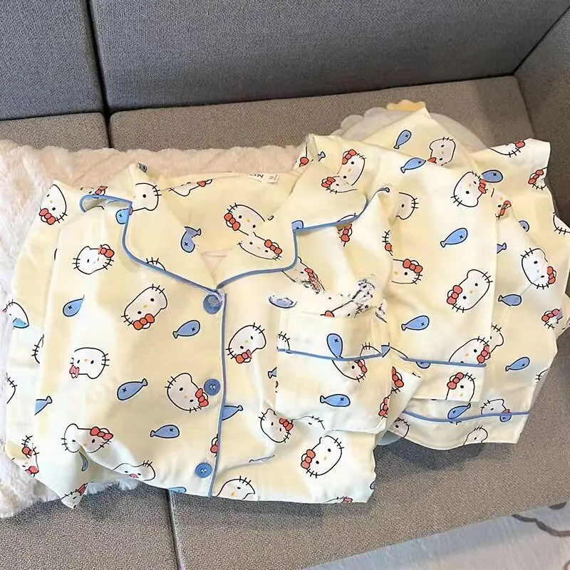 

Sanrio Hello Kitty Long Sleeve Pajamas 2Pcs Kawaii Full Print Cartoon Pattern Autumn Baby Trousers Cute Girl Soft Home Clothes