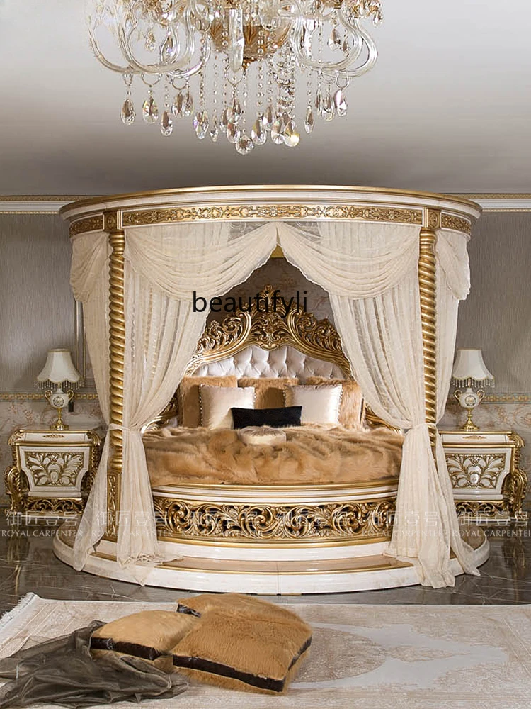 European Court Bed Solid Wood round  Villa French Wood Carved Leather  Master Bedroom Princess 1.8M Double Marriage Bed