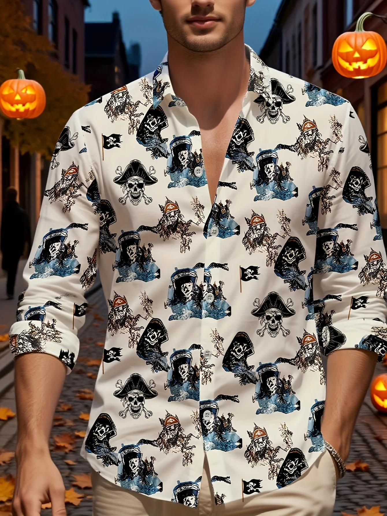 Men Long Sleeve Button Down Shirt Cream Pirate Skull Crossbone Flag Print Polyester Lapel Collar Halloween Party