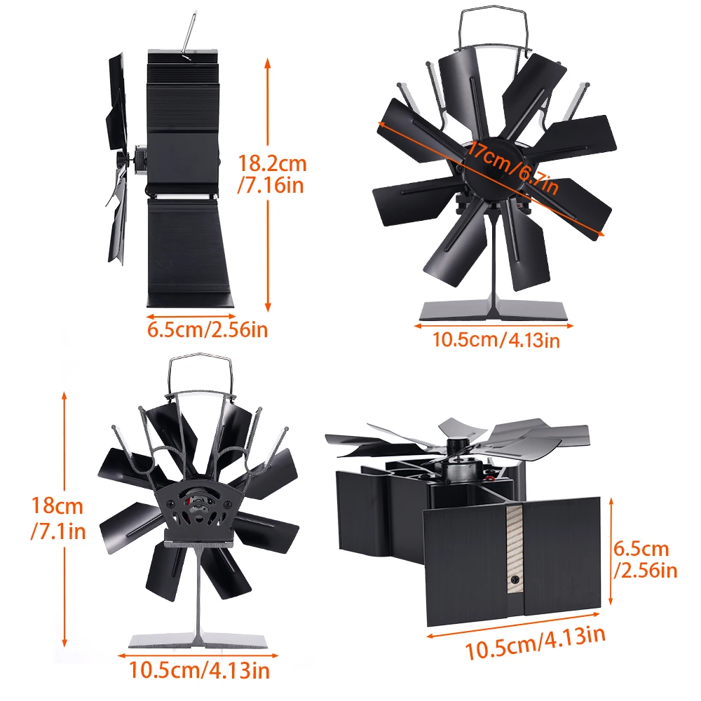 Wentylator kominkowy z 8 łopatkami, akcesoria do pieca na drewno, cichy, energooszczędny, z wysokim wydajnością rozpraszania ciepła, do użytku wewnątrz, na zimę, na zewnątrz, na kemping.