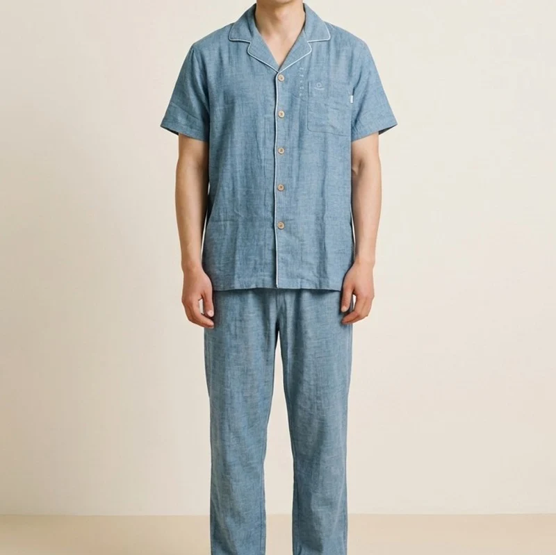Cotton Sleepwear Women Men Loungewear Short Sleeve Top Pant 2Pcs Home Clothes Soft Nightwear Summer New Pajamas Suit Shirt Pant
