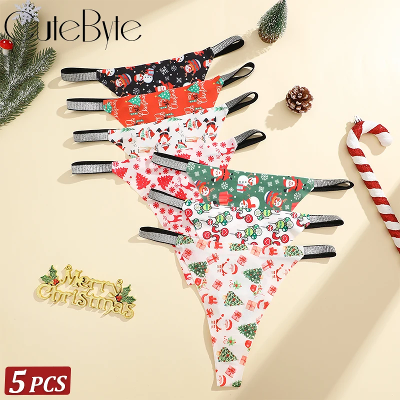 Neue 5Pcs Weihnachten Drucken Unterwäsche Atmungsaktive Glänzende Gürtel Tanga Frauen Haut-freundliche Modische Casual Weihnachten Geschenke