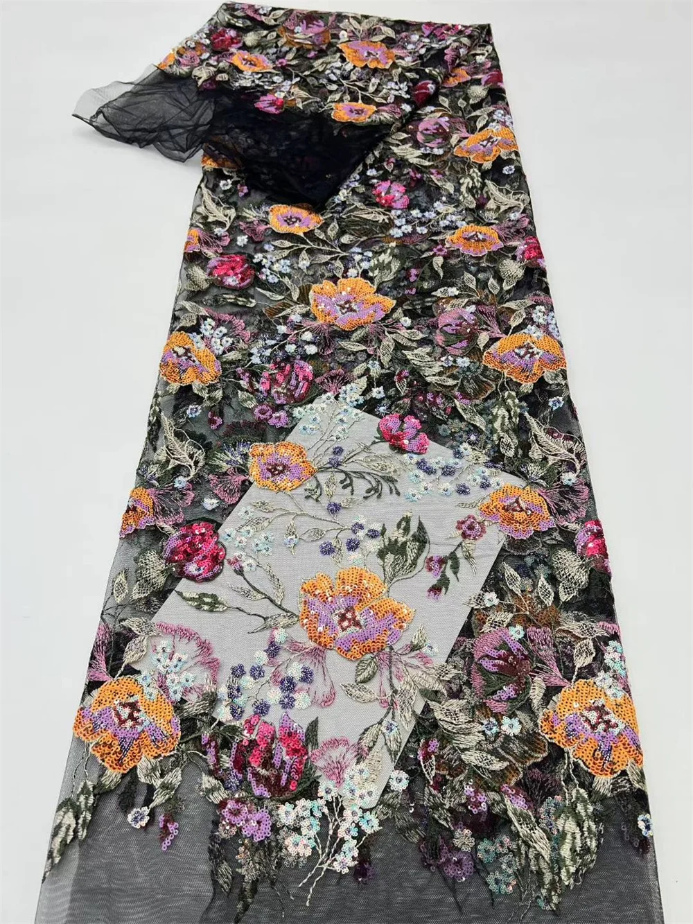 Fashion French Mesh 3D Flowers Embroidery Beaded Lace Fabric With Sequins African Nigerian Fabric For Wedding Dress A163-1