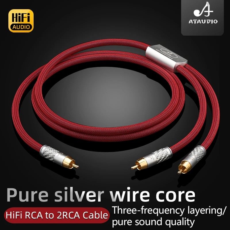 ATAUDIO HiFi RCA Cable 6N Pure Silver Solid Conductor RCA to 2 RCA HiFi Audio Interconnection Signal Cable