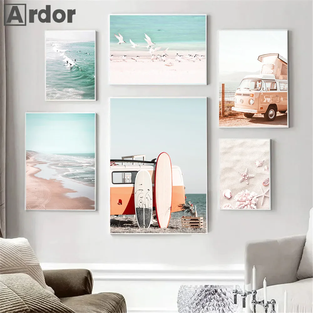 Sea Wave Beach Sunrise Poster Bus Surfboard Wall Art Prints Bridge Canvas Painting Modern Nordic Wall Pictures Living Room Decor