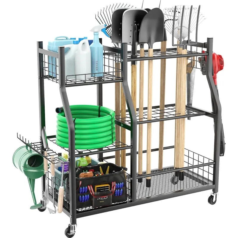 

Garden Tool Organizer with Wheels for Garage, Large Storage Capacity, Rakes/Shovels/Yard Tools Storage Stand