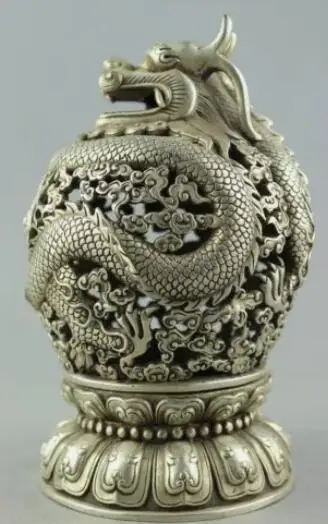 Tibet Silver Hand carved Dragon plate Incense Burner Tengyun driving fog Censer