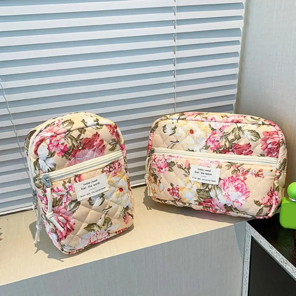 Trousse de toilette portable à imprimé floral, sac cosmétique, rangement souple, grande capacité, trousse de maquillage en coton