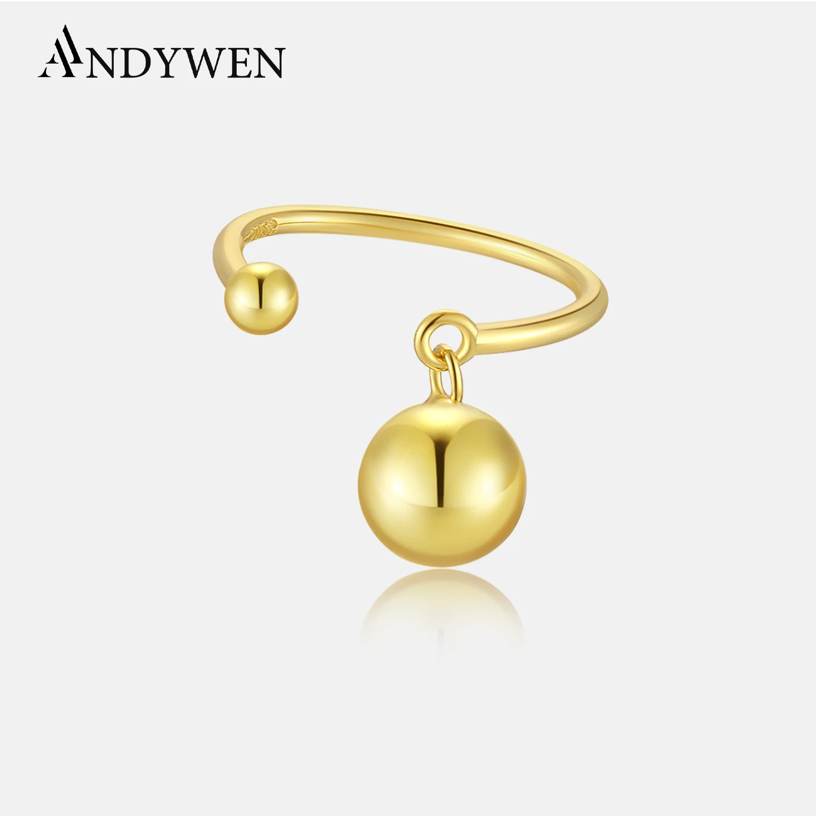 ANDYWEN 925 Sterling Silver Gold Hollow Ball Beads Geometric Resizable Ring Linear Open Adjustable Ring For Women Party