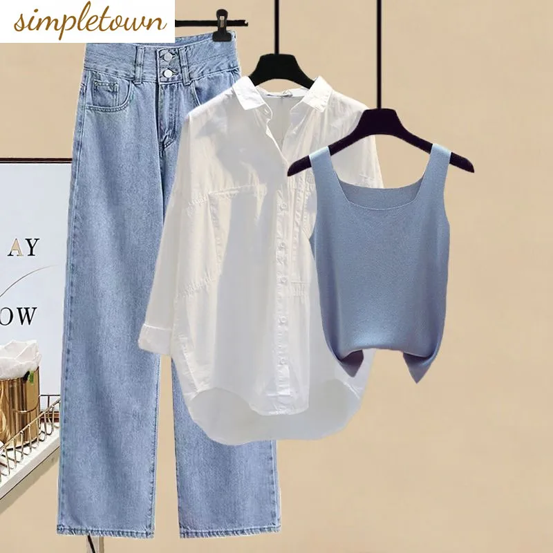 Summer Sunscreen Chiffon Shirt Elastic Tank Top Wide Leg Jeans Two Piece Elegant Women\'s Pants Set Simple Outfits