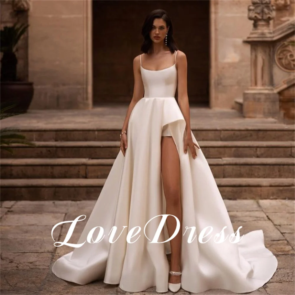 Love Elegant High Side Slit Spaghetti Straps Stain Wedding Dress Sexy Sleeveless Floor Length Boat Neck Sweep Train Customized