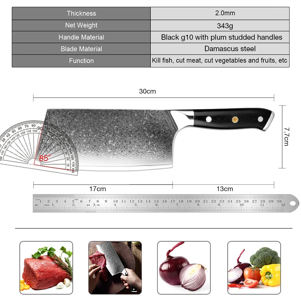 XITUO 7 Inch Chinese Cleaver Knife 67 Layers Damascus Steel Sharp, Pro Kitchen Knife for Vegetables and Meat, Black G10 Handle