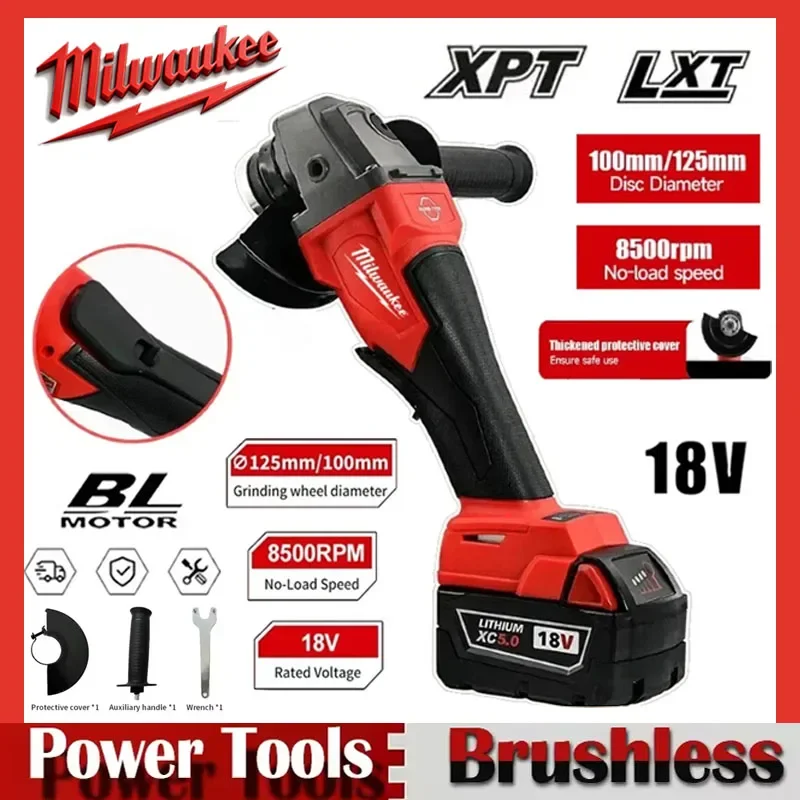 

2025 Milwaukee 125mm Brushless Angle Grinder Polishing Cutting Machine No-Lock Paddle Switch Electric Cordless Power Tools