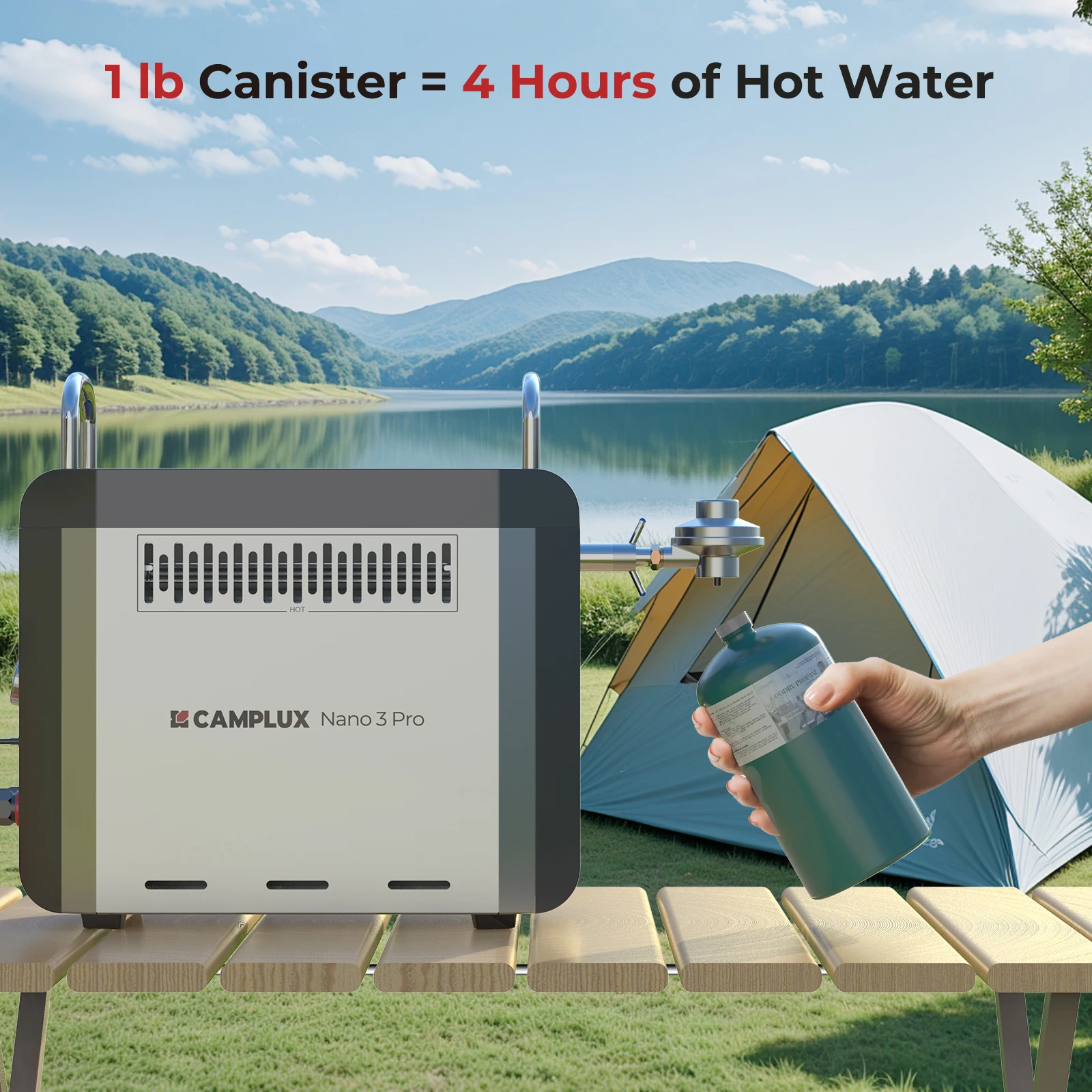 CAMPLUX 1 lb Propane On-Demand Portable Water Heater Nano 3 Pro, Table Top Camp Water Heater & Shower Pump w/Built-in Battery