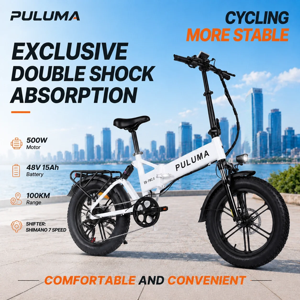 PULUMA Vélo électrique pliant portable,moteur 250W,batterie 48V 15Ah,portée 60-80km,Exclusif amortissement double，Rouler plus stable, confortable et pratique,double usage extérieur urbain