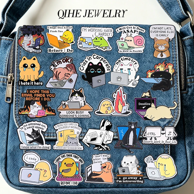 I'm OK Cartoon Office Working Cat Duck Collection Enamel Pin Humor Office Work Animal Programmer Brooch Lapel Badge Jewelry Gift