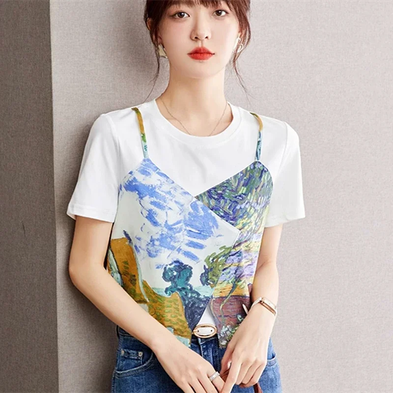 Aesthetic Oil Paint Patch T Shirts Fake Two Pieces Crop Top Elegant Women Summer Short Sleeve Tees All-match Korean Streetwear