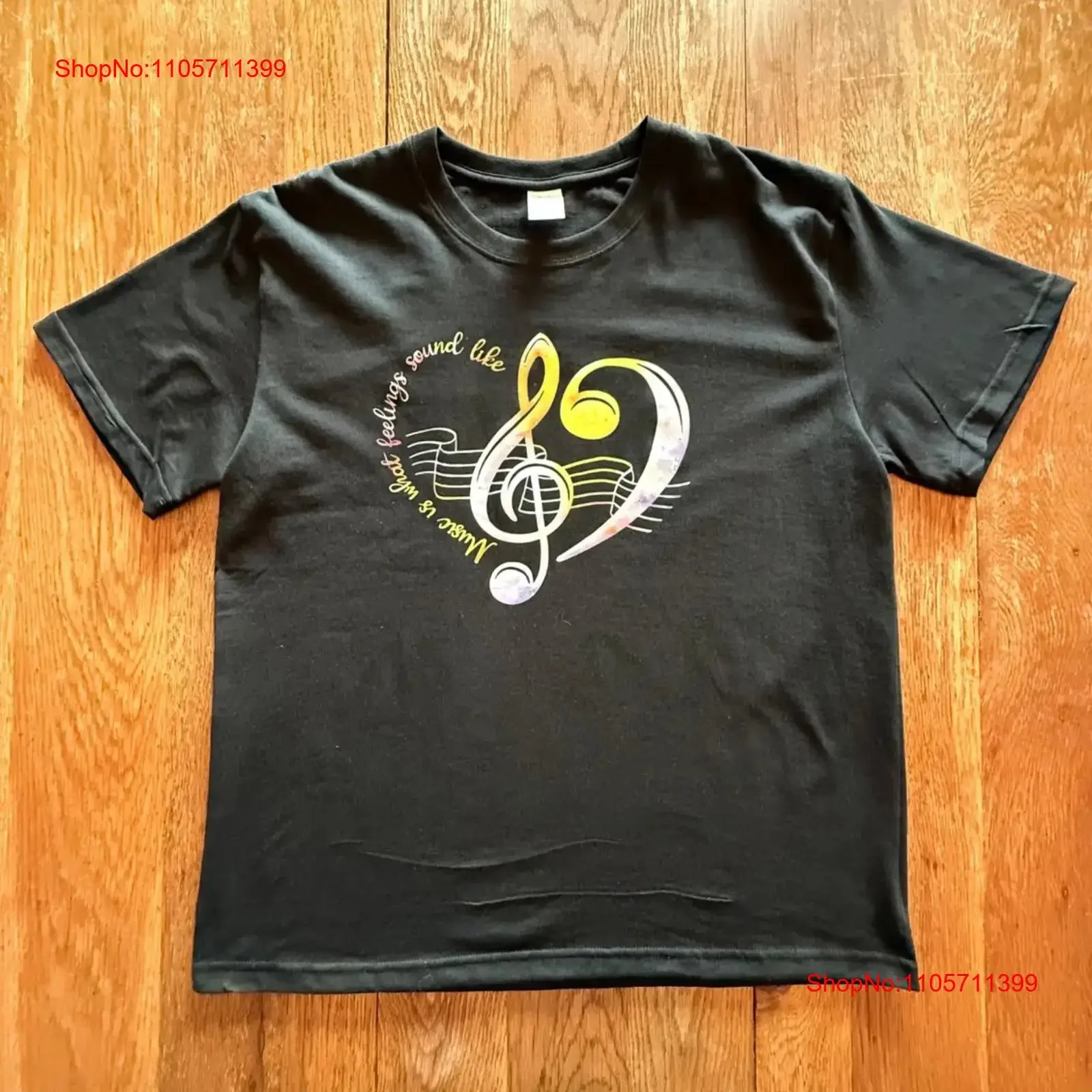 Camiseta de Música para Hombre Talla L y Mujer Talla XL, Diseño de Clave de Sol y Corazón con Frase, Algodón Negro, Estilo Vintage Lavado, Manga Larga o Corta, Ligeramente Elegante