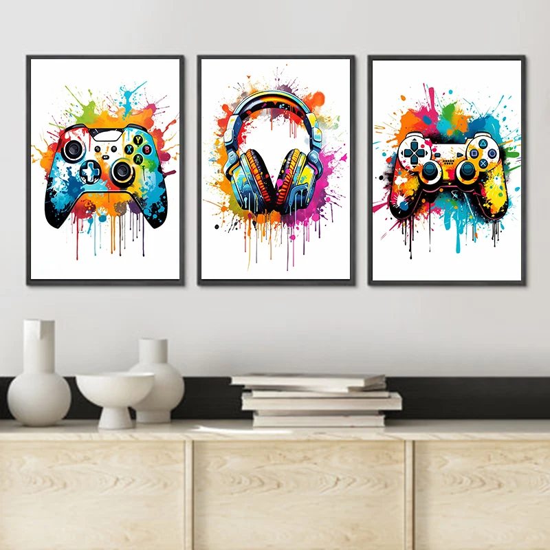 Colorful Graffiti Game Controller Headphones Canvas Painting Gaming Poster Print Picture for Gamer Bedroom Wall Art Home Deco