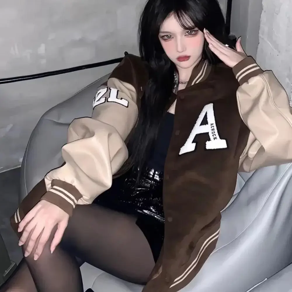 Retro Street Brown Letter Print Baseball Jacket Women\'s Autumn Loose Long-sleeved All-match Vintage Stitching Thin New Coat