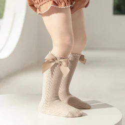 2024 New Kids Knee High Socks Baby Girls Boys Bow Long Sock Soft Cotton Mesh Breathable Children Hollow Out Socken For 0-7 Years