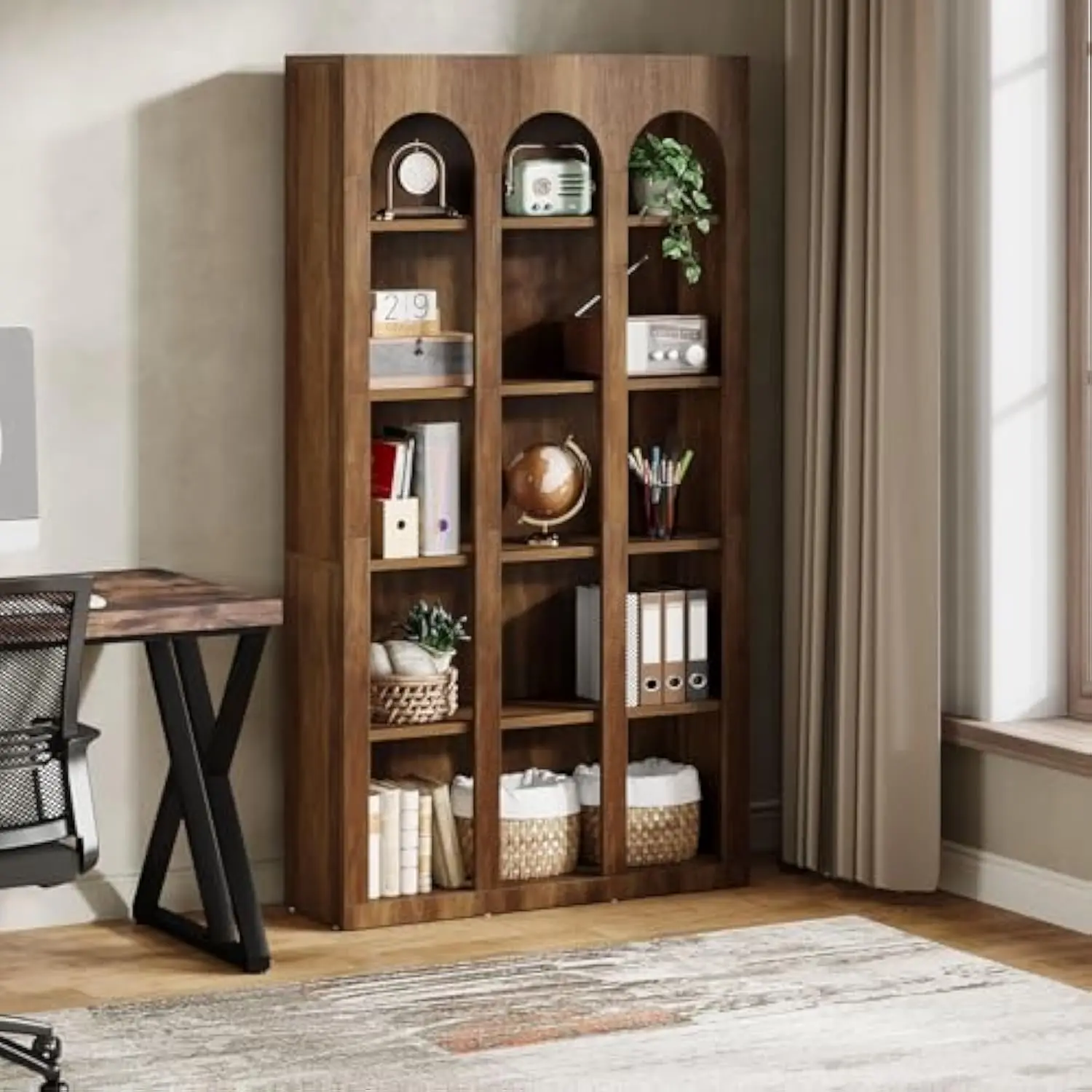

5-层 Farmhouse Arched Bookshelf, 70.87-Inch Mid Century Modern Bookcase with Open Shelves, Tall Wood Book Shelf Vintage Disp