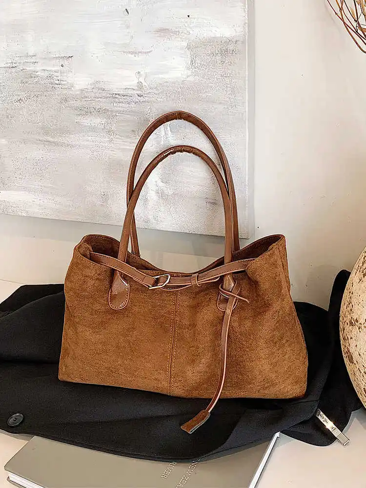 Autumn Winter Suede Handbag For Women Vintage Casual Large Capacity Commuting Tote Bag Ladies Simple Brown One Shoulder Bags