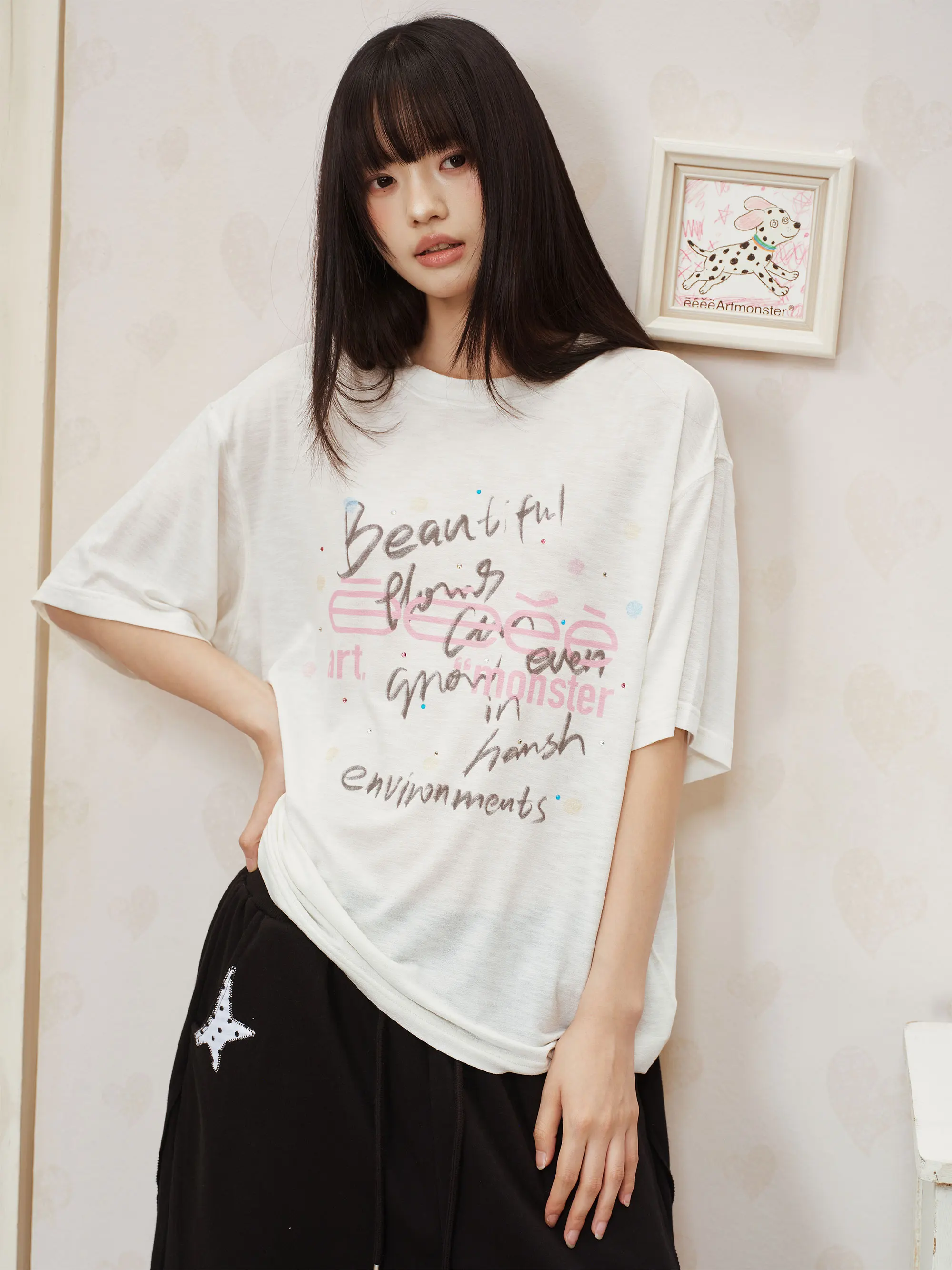 Dreamy Bubble Handwritten Lettering Short Sleeve T-Shirt with Rhinestones Breathable Mesh Feel  Summer Top for Men An...