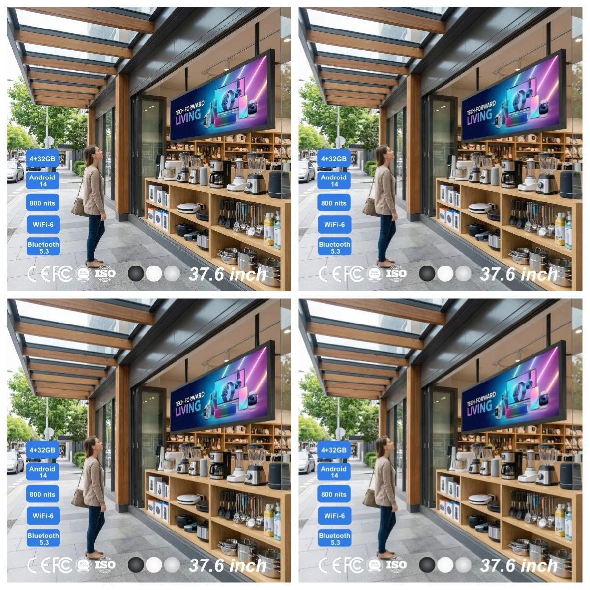 High Brightness 800cd/m2 37.6 Inch Stretched Bar LCD Android 14 Network Signage for Semi-Outdoor Storefront