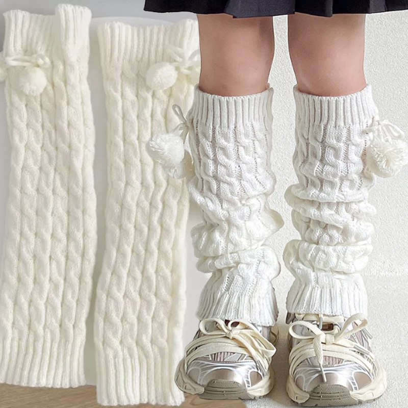 

Lolita Leg Warmers Japanese Kawaii Wool Ball Knitted Socks Women Fluffy Boot Covers Sweet Girl JK Cosplay Y2K Winter Leg Warmers