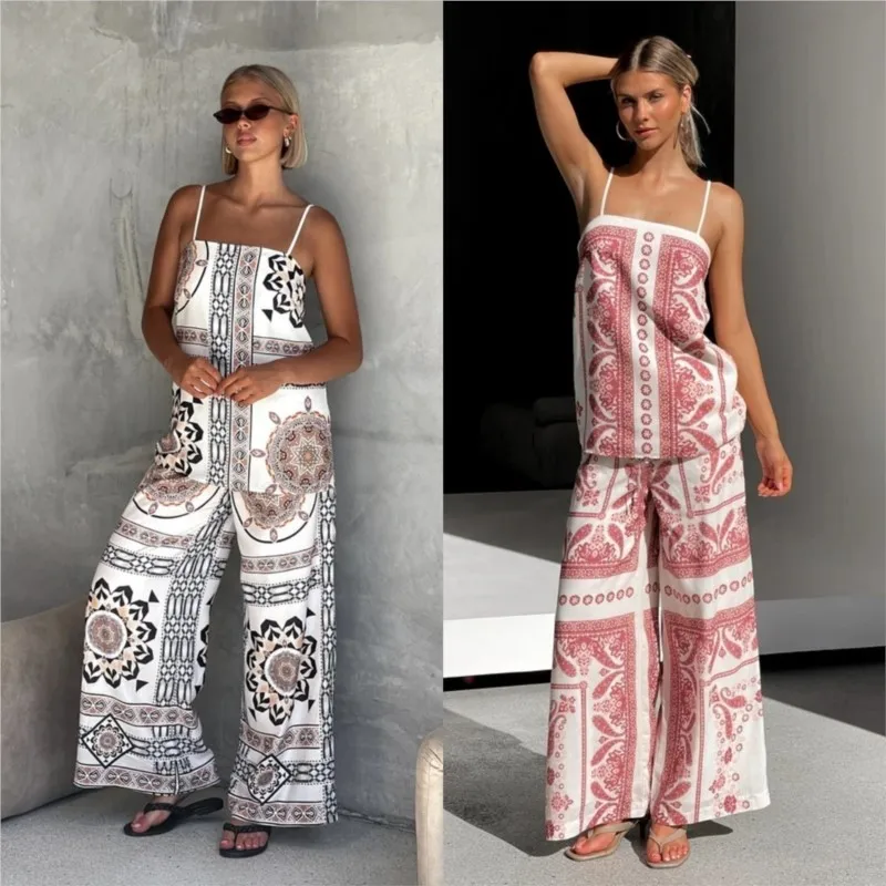 

Summer Sexy Hollow Out Sling Top & Pants Beach Suit 2025 Casual Pattern Print Sleeveless Set Women Fashion Loose Bohemian Outfit
