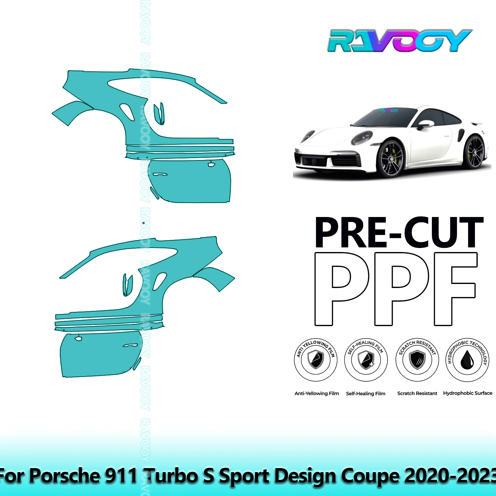 

For Porsche 911 Turbo S Sport Design Coupe 2020-2023 8.5mil Pre-Cut PPF Door & A/B Pillar Kit TPU Paint Protection Film Set