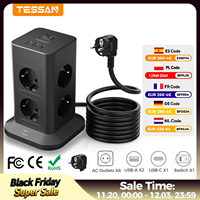 TESSAN Power Strip EU Plug Multiple Socket 2 USB 1 Type C with Switch 12 In 1 Tower Socket Surge Protection 2M/5M Extension Cord