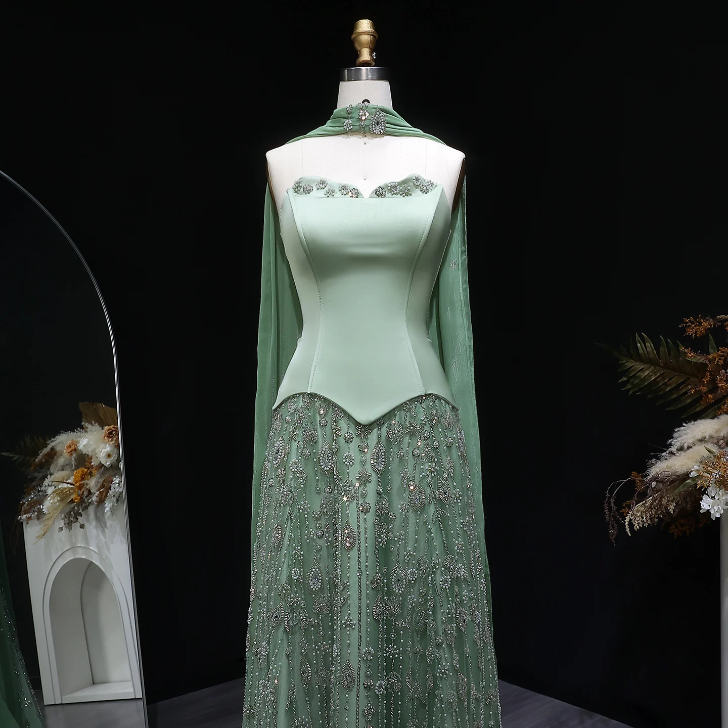 Sharon Said Arabisches Champagner-Perlen-Perlenbesetztes A-Linien-Abendkleid Schulterfrei mit Schal Damen Hochzeitsfeierkleid SS627 Maßanfertigung – Detail 5