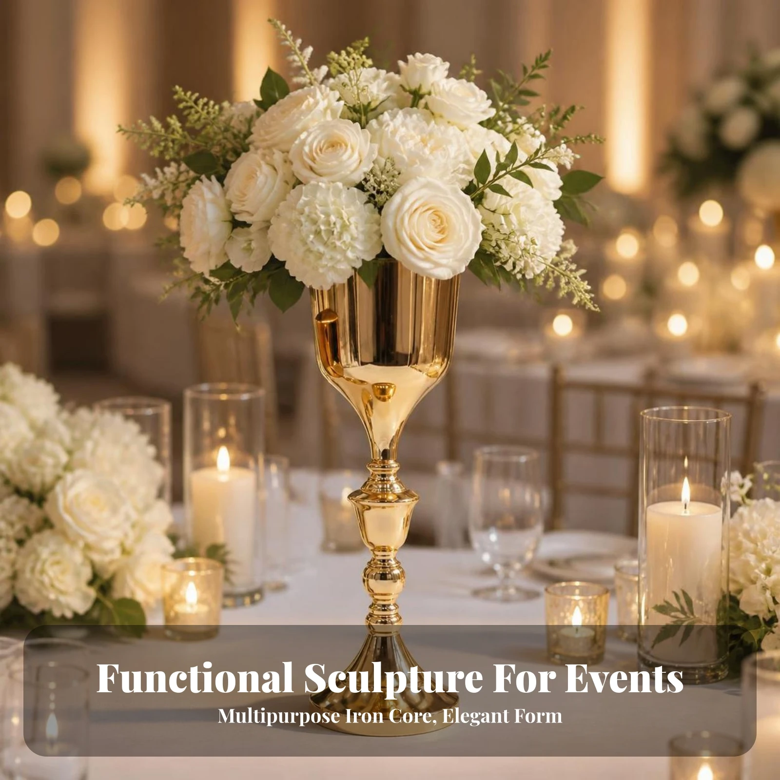Iron Vase with Pedestal European-Style Goblet Vase Gold Electroplated Tall for Wedding Planners, Weddings, Hotel Tables