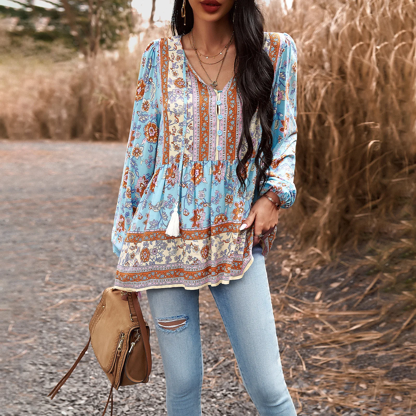 Women Temperament Casual Floral Print V-Neck Long Sleeve Shirt Elegant Loose Bohemian Blouse Design Sense Button Fringe Pullover