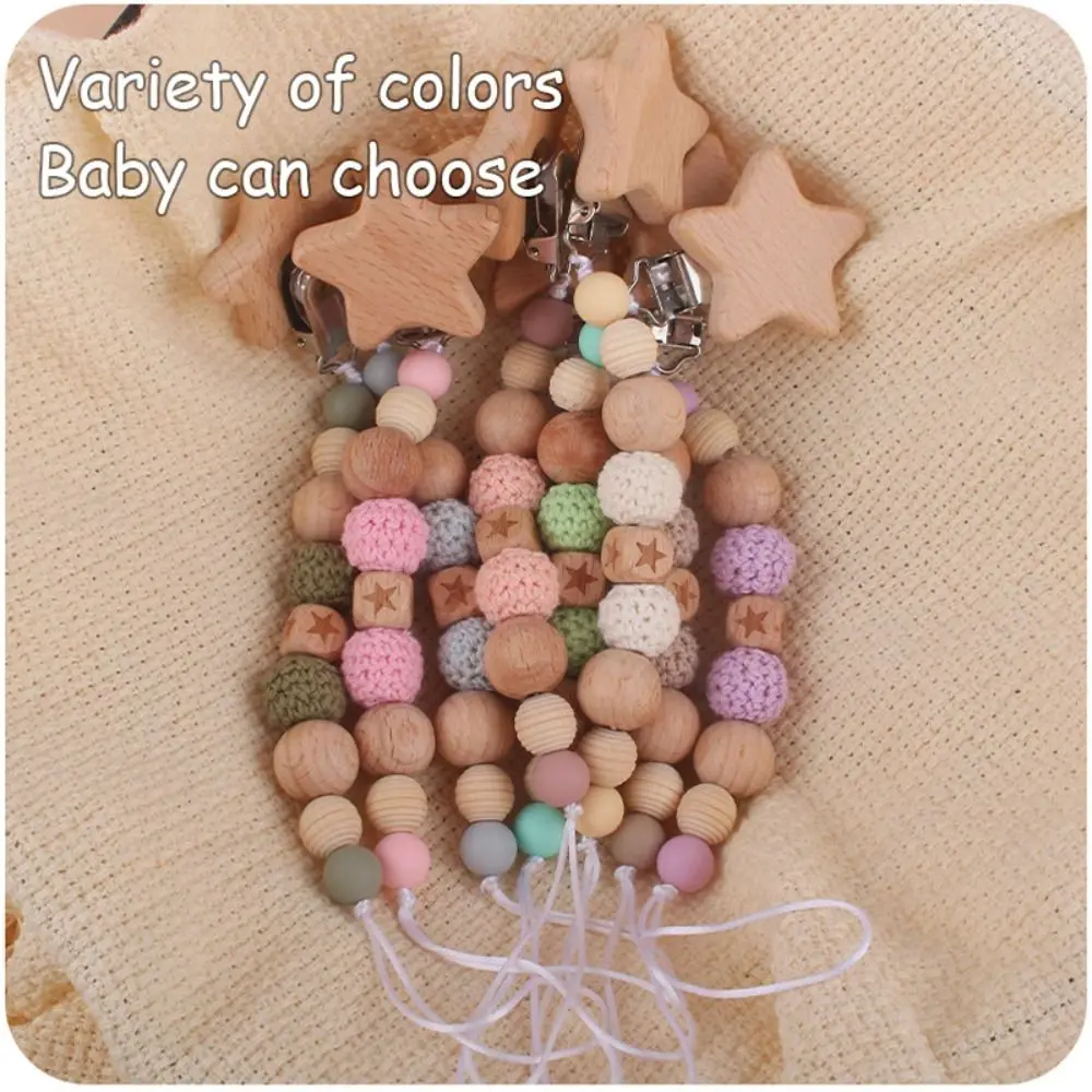 

Dummy Clips Pacifier Holder Clips Wooden Bead Soother Holder Baby Pacifier Chain Nipple Holder Clips Star