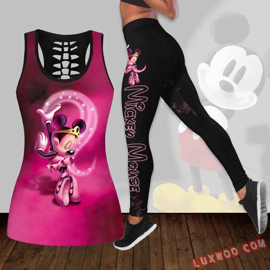 Minnie Mouse Women's Hollow Tanktop Leggings Yoga Set Summer Fitness Leggings Tracksuit Disney Cutout Tank Top Leggings Set