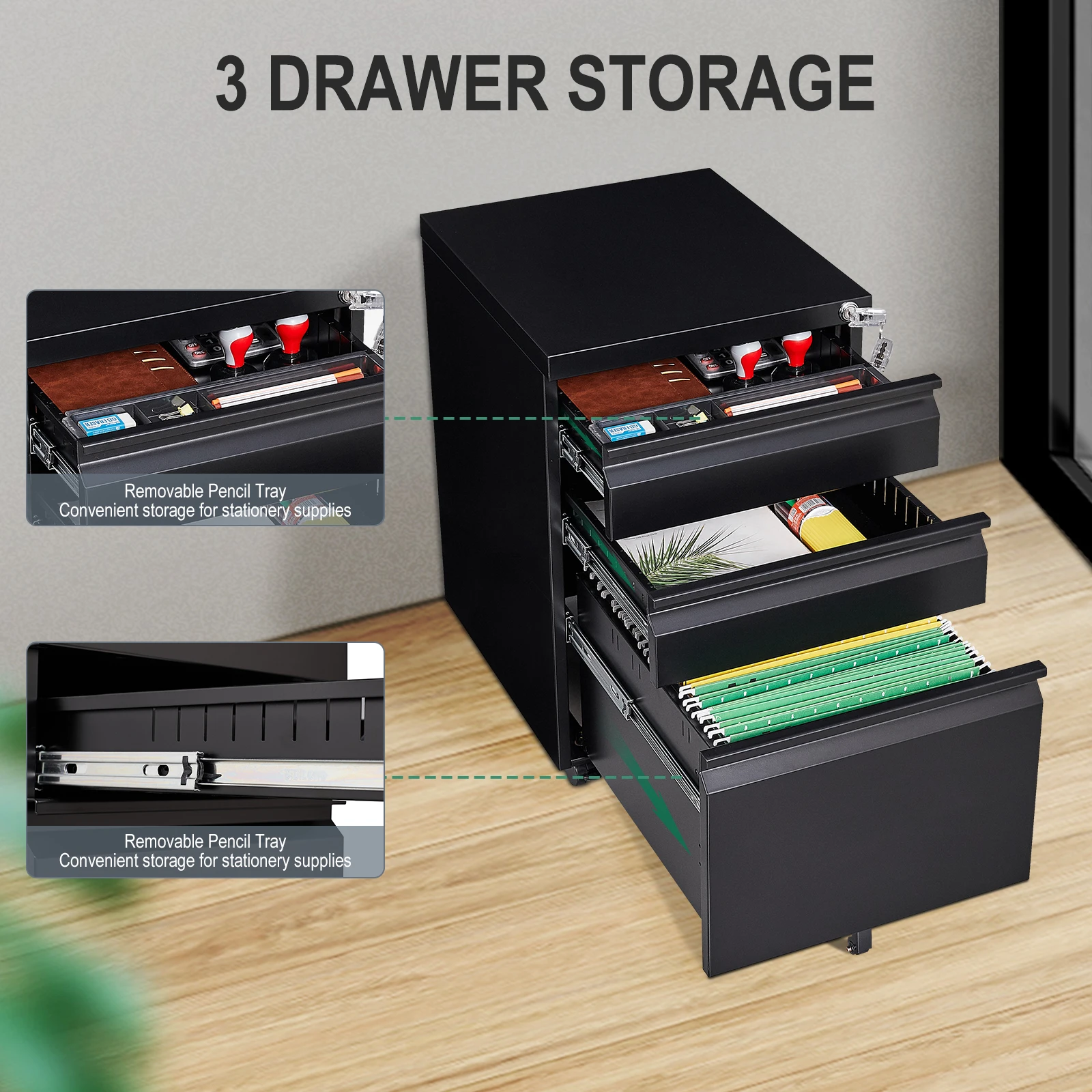 خزانة ملفات متنقلة معدنية ذات 3 أدراج مع قفل للحروف/A4/الحجم القانوني تحت المكتب وخزانة دوارة للمكتب المنزلي #4