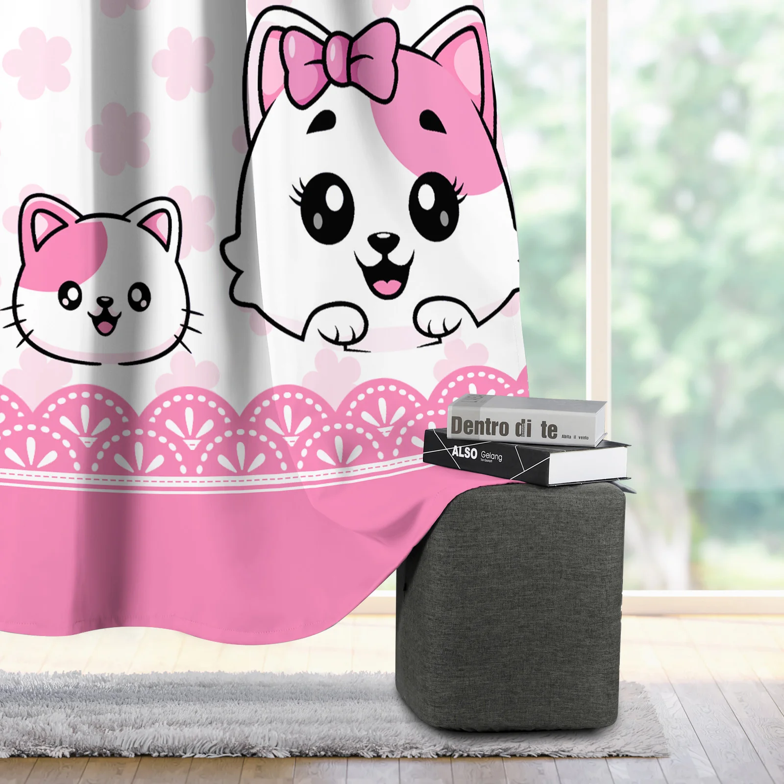 2PCS Digital Printed Curtains, Pink Kitten Design, Cartoon Kids Style Rod Pocket Window Drapes for Living Room Bedroom Decor