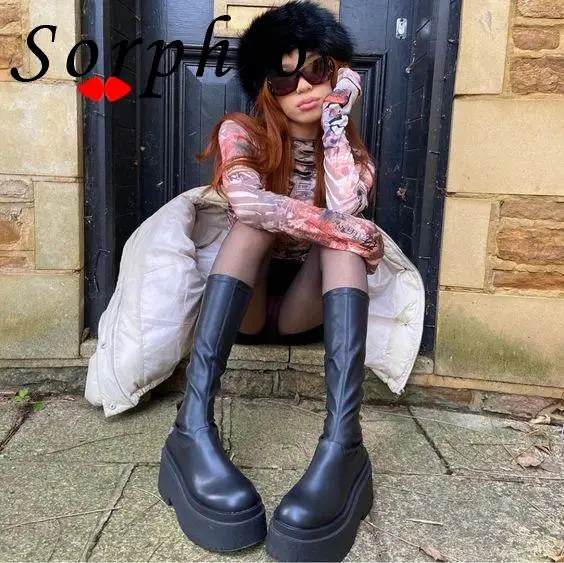 Platform Boots For Women Knee High Med Calf Chunky Heel Fashion Girls Shoes 2022 Autumn Summer Boots Slip On Brand New Goth