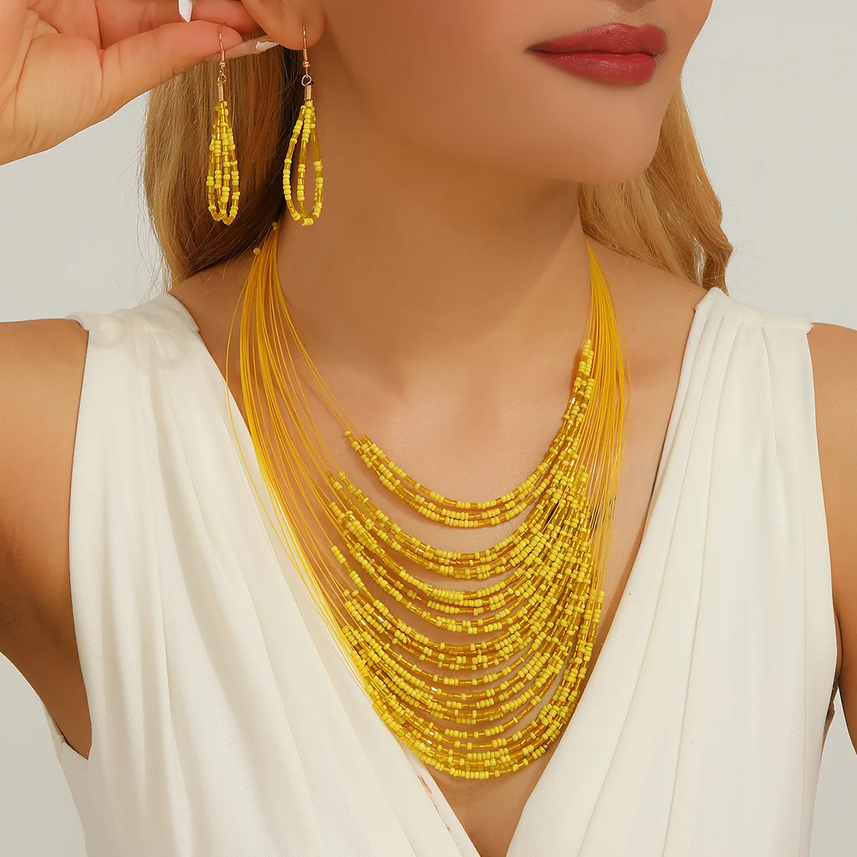Ethnic style multi-layer rice bead fishing line necklace earrings set Bohemian jewelry Necklaces