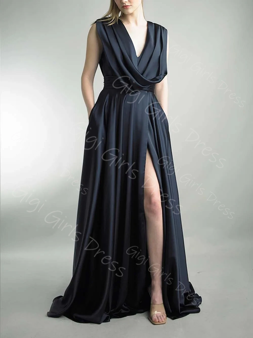 

Graceful Black Evening Dress for Women Double V Neck Side Split Prom Dress With Pockets Party Gown Customized Vestidos de Festa