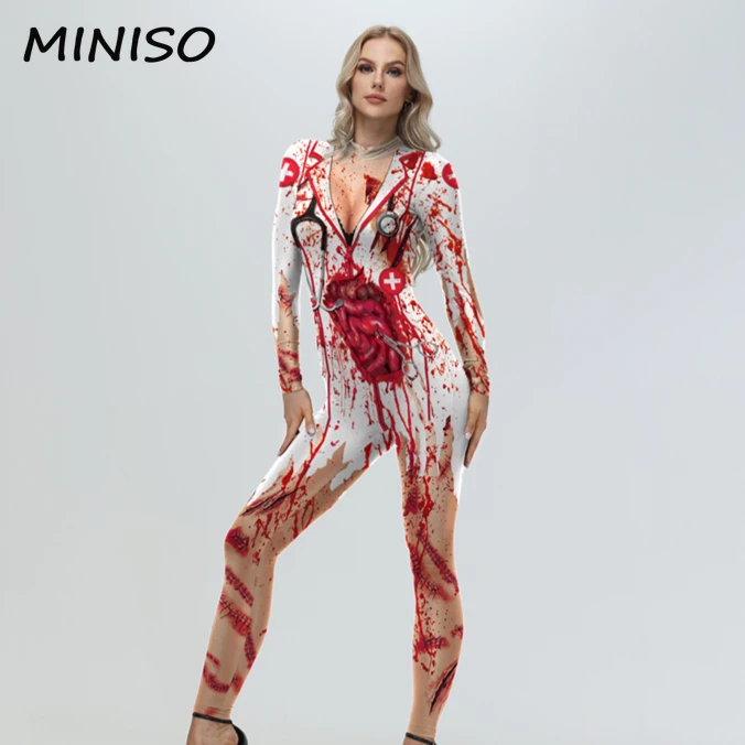 

MINISO Halloween Cosplay Costume for Womem Doctor NurseHorror Blood Printed Jumpsuit Carnival Party Zentai Bodysuits Dress Up