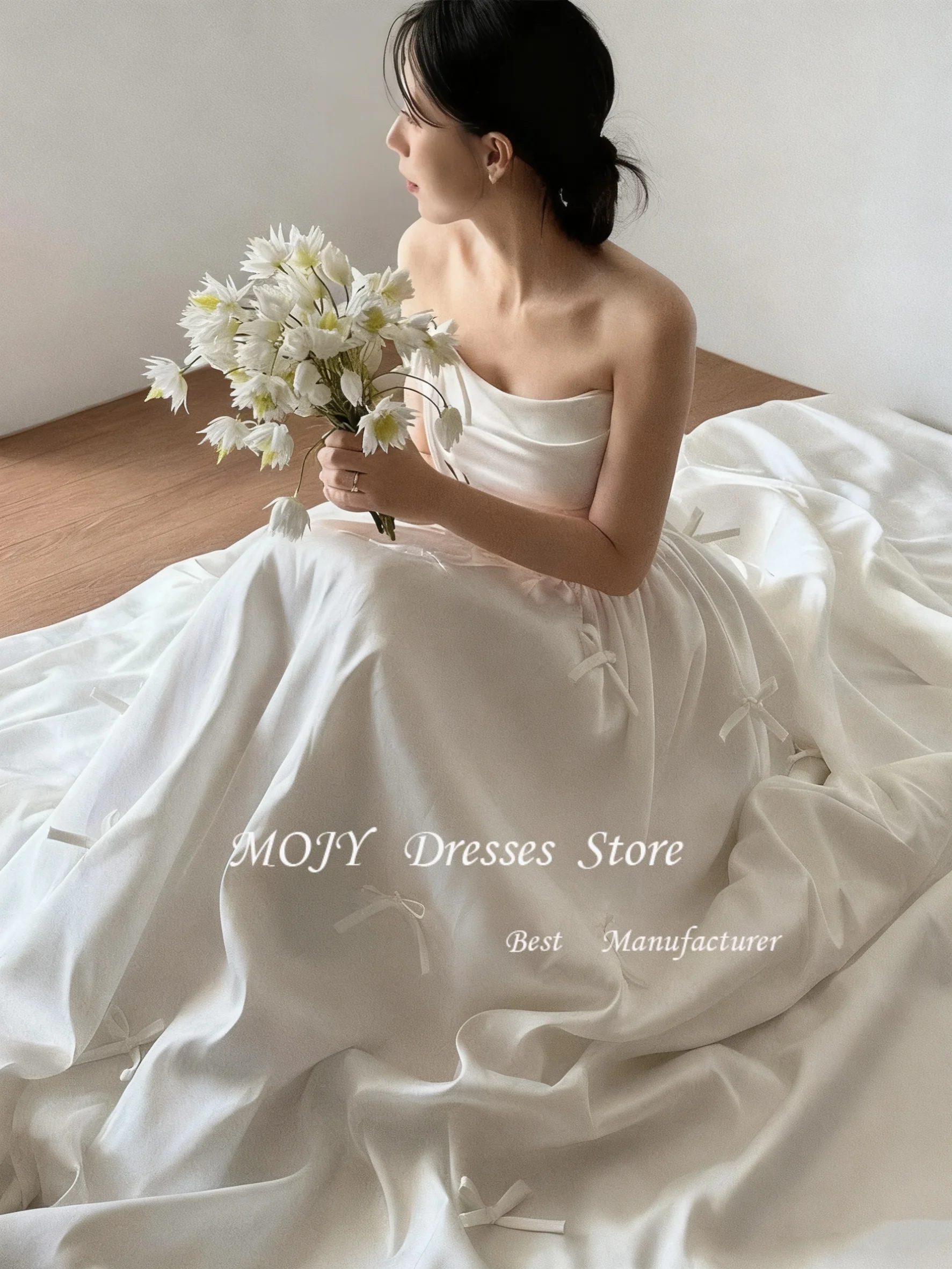 

Mojy Ленты с бантом на тонких бретельках Корейские свадебные платья Фотосессия Индивидуальные складки Атласные ленты с бантом Свадебное платье