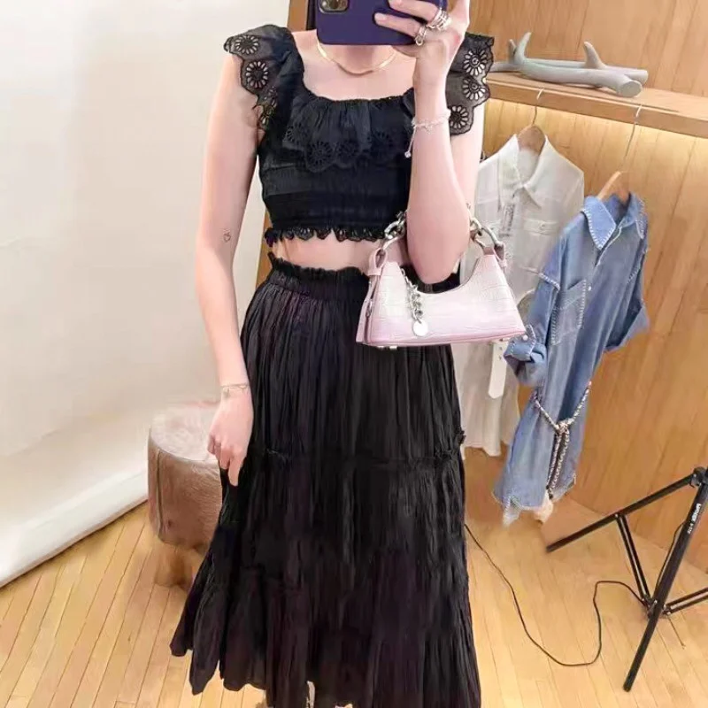 

Spring Summer 2023 Se Small Hollow out Embroidered Flower Elastic Pleated Skirt Set Ultra ort Top And Skirt Ensemble